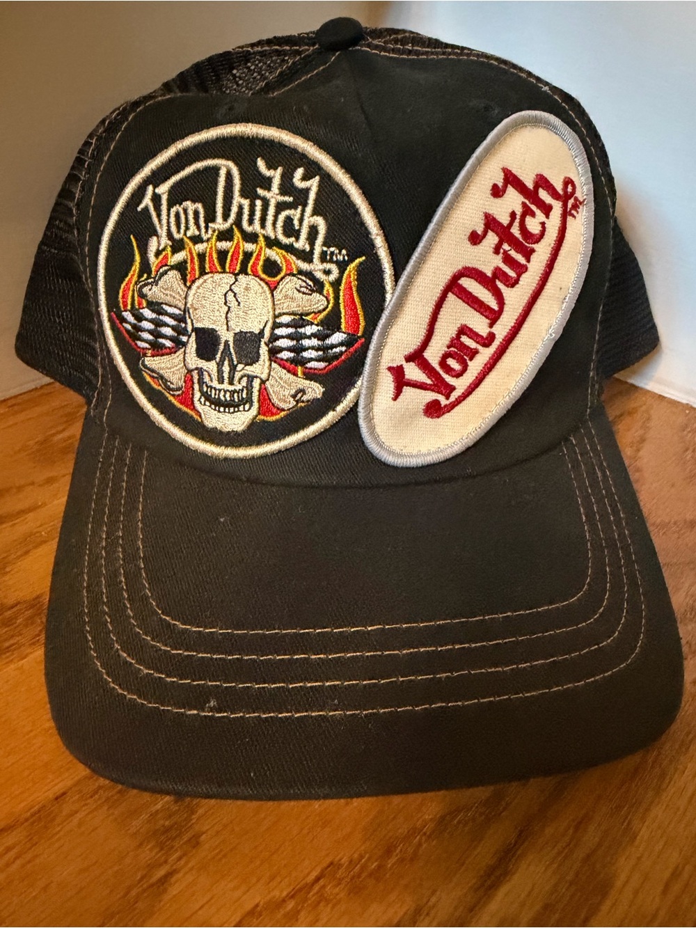 Von Dutch Black Trucker Hat with Skull & Flame Patches